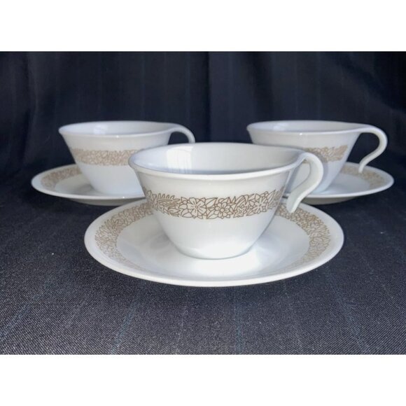 3 Vintage Corelle Woodland Brown cup & saucer sets hook handle Corning 6 pcs EUC - Picture 1 of 8